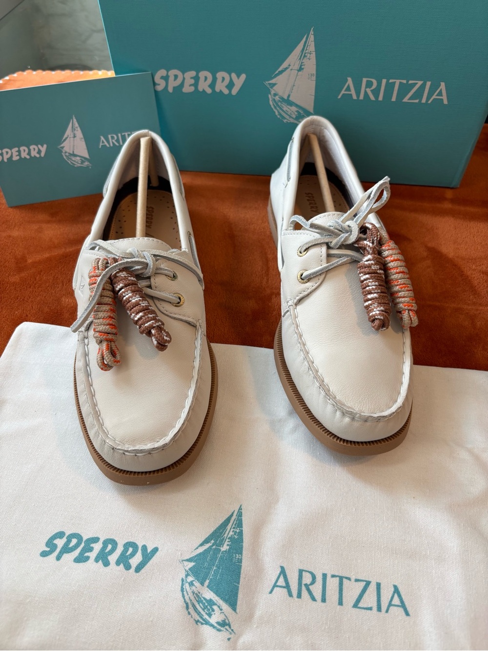 Aritzia White Leather Boat Shoes with Tan Soles